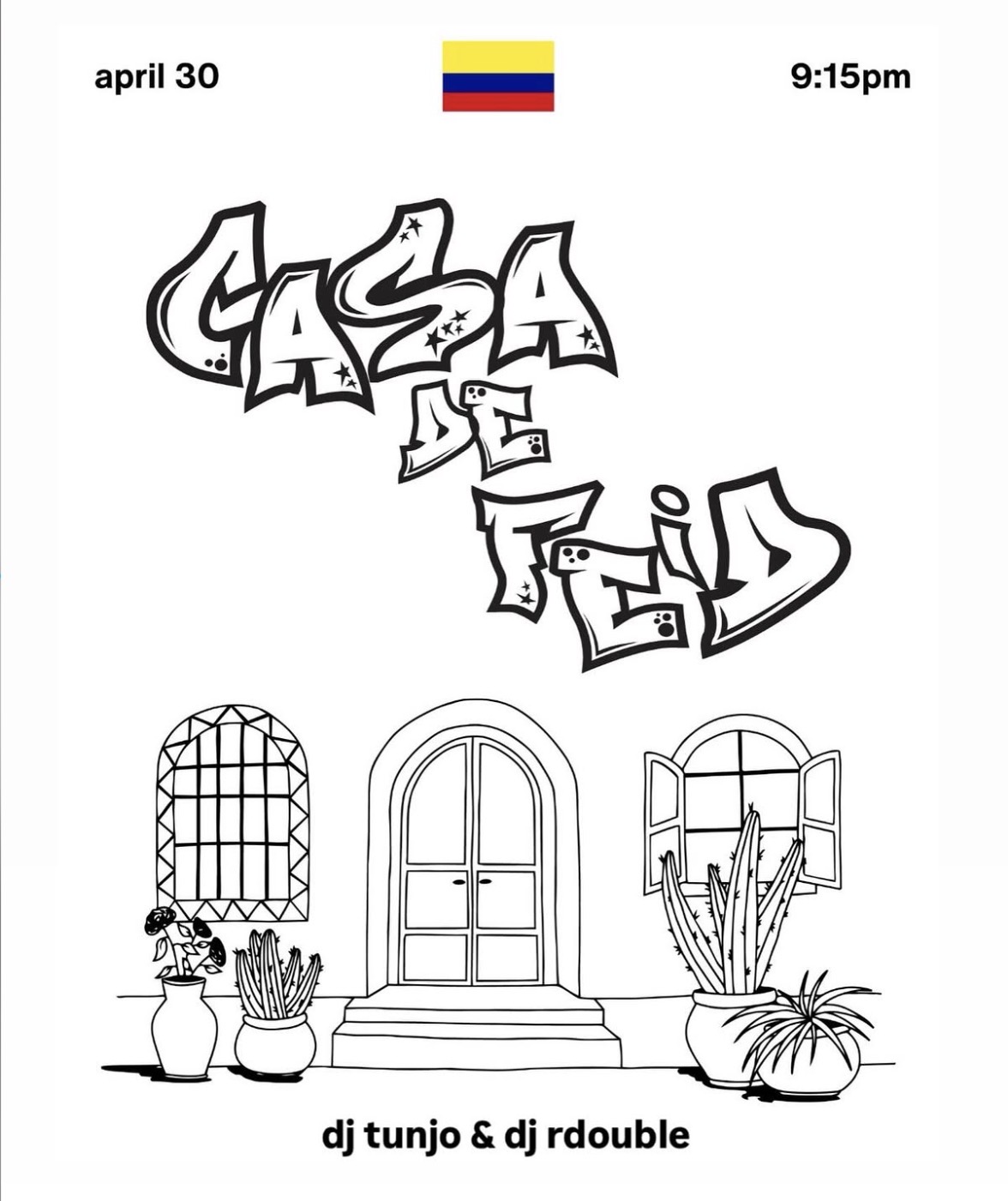 Casa de Feid After Party flyer — graffiti-style lettering, April 30 at 9:15pm with DJ Tunjo and DJ RDouble, Foundation Room at House of Blues Chicago